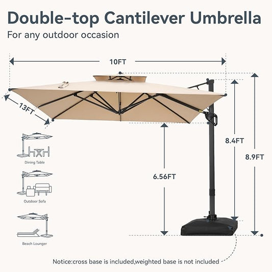 GREEN PARTY 10x13 ft Cantilever Patio Umbrella, Rectangle Offset Outdoor Umbrellas with 360° Rotation, 5-Year-Non-Fading Hanging Pool Umbrella for Garden Deck Poolside - Beige