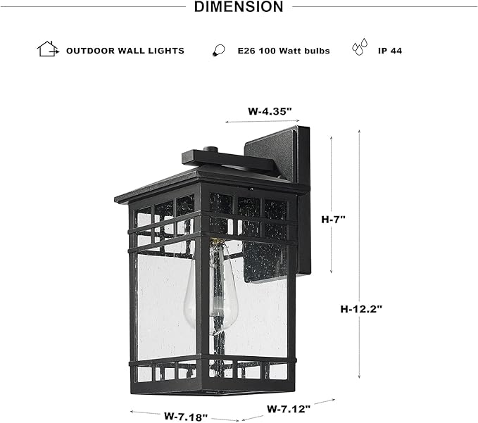 Outdoor Wall Lantern, Exterior Wall Mount Light Fixture, Black Outside Porch Sconce Lighting with Seeded Glass, Waterproof Outdoor Wall Light for Patio Front Door Entryway