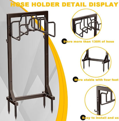 Skycarper Garden Hose Reel Holder Detachable Metal Water Hose Hanger Organizer Heavy Duty Free Standing Hose Stand,Bronze