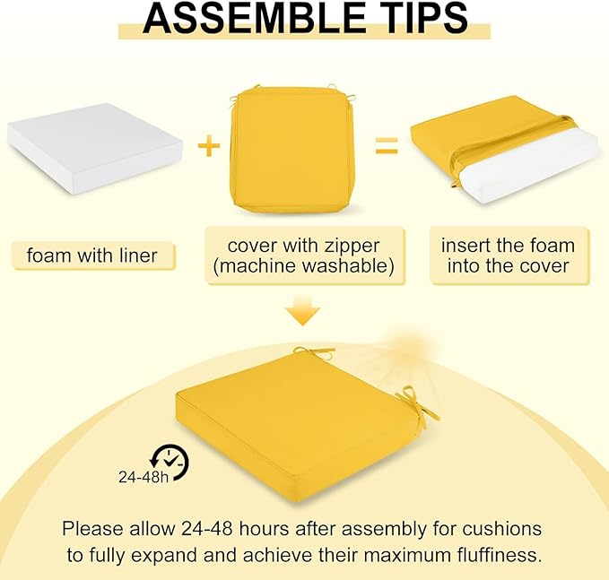 downluxe Waterproof Outdoor Chair Cushions Set of 4, 19" x 19" x 3" Patio Chair Cushion with Non-Slip Ties & Handle, Square Outdoor Cushion for Patio Furniture with Removable Cover, Yellow