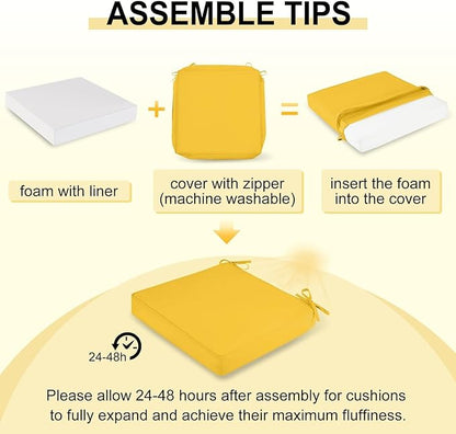 downluxe Waterproof Outdoor Chair Cushions Set of 4, 19" x 19" x 3" Patio Chair Cushion with Non-Slip Ties & Handle, Square Outdoor Cushion for Patio Furniture with Removable Cover, Yellow