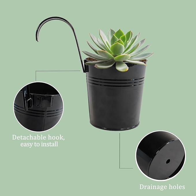 Pack of 10 Railing Planter, Hanging Planter Pot Metal 4 inch for Outdoor Indoor, Railing Fence Flower Pot with Detachable Hook for Small Plants Balcony Patio Garden, Black