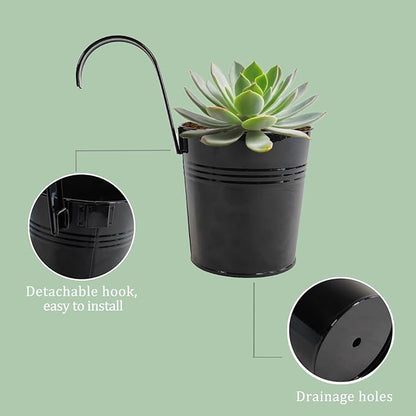 Pack of 10 Railing Planter, Hanging Planter Pot Metal 4 inch for Outdoor Indoor, Railing Fence Flower Pot with Detachable Hook for Small Plants Balcony Patio Garden, Black
