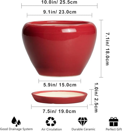 10 Inch Plant Pot - Ceramic Planter for Indoor Outdoor Plants, Glaze Modern Round Planter with Drainage Hole and Saucer, Gifts for Plant Lovers, Home Room Garden Decor, Red
