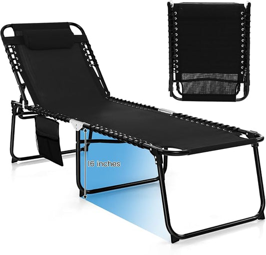 GYMAX Lounge Chairs for Outside, Extra High Folding Beach Tanning Lounger with Adjustable Backrest, Footrest & Removable Pillow, Sunbath Lounge for Patio, Lawn, Poolside (1, Black with Side Pocket)
