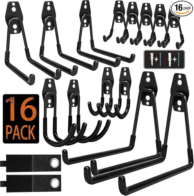 KOFANI Steel Garage Storage Hooks - 16 Pack Anti-Slip Coating, Heavy Duty Wall Mount Hooks for Hanging Bike, Ladder, Garden Tools