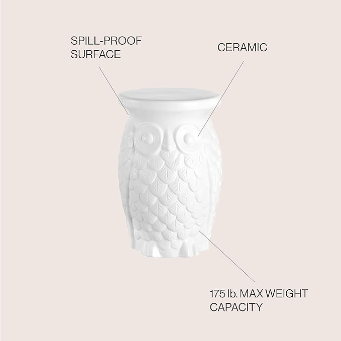 JONATHAN Y TBL1023A Groovy Owl 17.5" Ceramic Indoor/Outdoor Garden Stool Traditional, Cottage, Classic, Bohemian, Side Table, Plant Stand, Spill-Proof, Living Room, Garden Room, Patio, White
