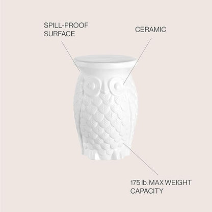 JONATHAN Y TBL1023A Groovy Owl 17.5" Ceramic Indoor/Outdoor Garden Stool Traditional, Cottage, Classic, Bohemian, Side Table, Plant Stand, Spill-Proof, Living Room, Garden Room, Patio, White
