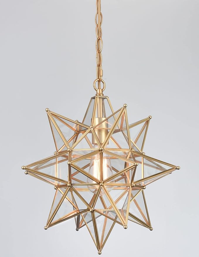 DIRYZON Modern Moravian Star Pendant Light for Kitchen Island Boho Gold Hanging Ceiling Light with Clear Glass Adjustable Chain,16 Inch