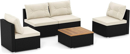 RELAX4LIFE 5-Piece Wicker Outdoor Furniture - PE Rattan Sectional Conversation Set w/4 Armless Sofas & Acacia Wood Coffee Table, Cushioned Patio Sofa Set for Garden Poolside Backyard Porch (Off White)