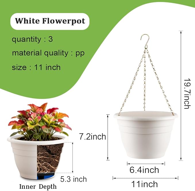 RooTrimmer Hanging Planters 11 Inch, 3 Pcs Flower Pots with Drainage Hole, Self Watering Hanging Basket for Indoor Outdoor Plants, Decor, White