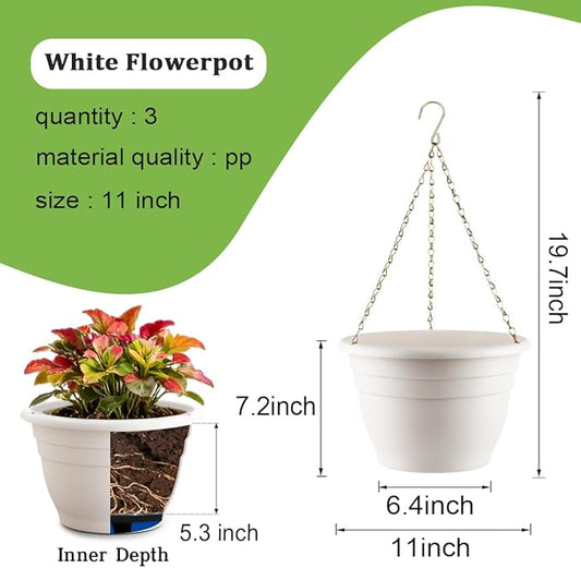 RooTrimmer Hanging Planters 11 Inch, 3 Pcs Flower Pots with Drainage Hole, Self Watering Hanging Basket for Indoor Outdoor Plants, Decor, White