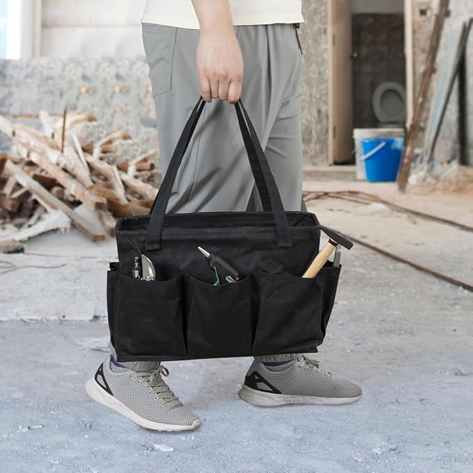 Heavy-Duty 16 oz. Waxed Canvas Tool Bag with 9 Pockets – Foldable Open-Top Design Featuring Dual Carry Handles, 15.5"x7.5"x10.5"
