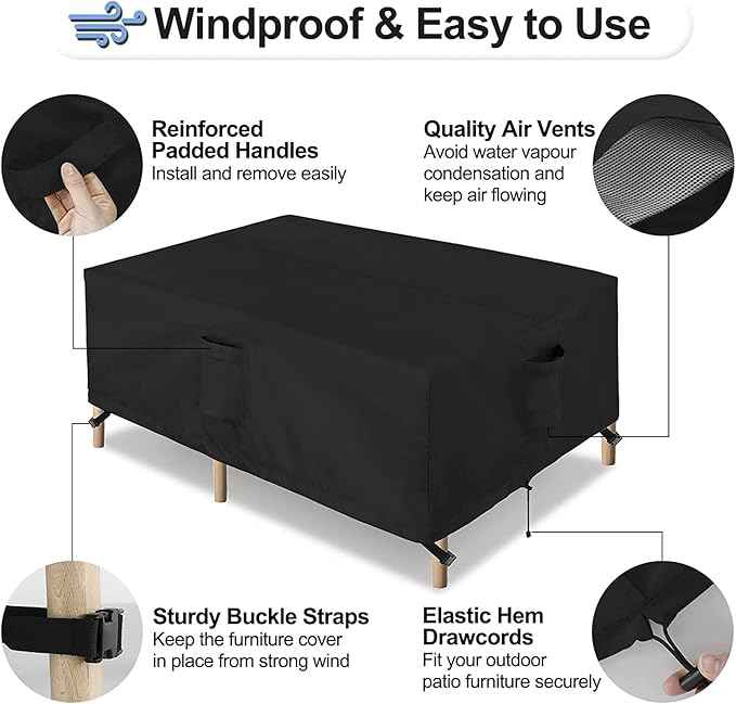 OutdoorLines Outdoor Waterproof Patio Table Furniture Set Covers - Rectangle Couch Sectional Cover Outside Weatherproof Patio Furniture Covering for Deck, Lawn and Backyard 84"L x 84"W x 28"H, Black