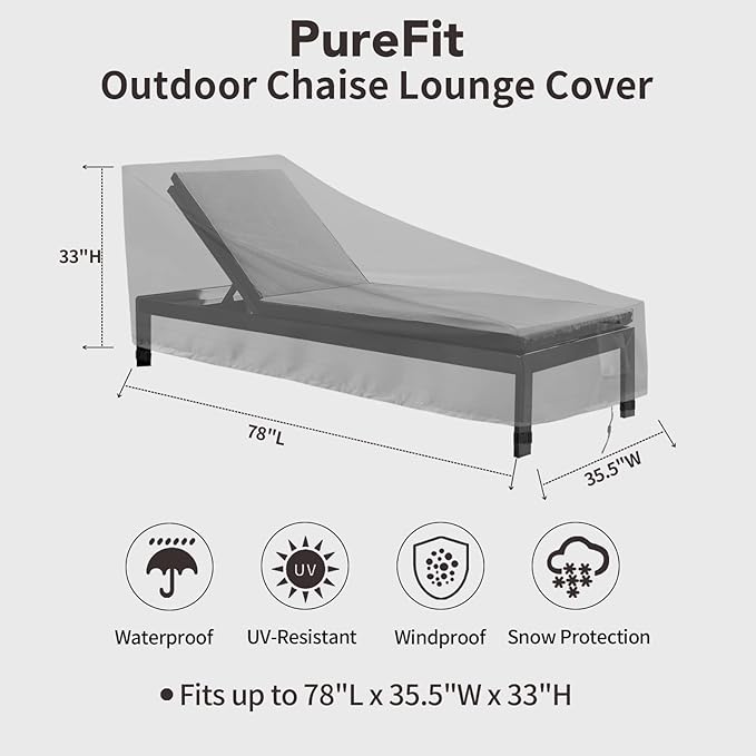 PureFit Outdoor Chaise Lounge Cover, Lounge Chair Covers Waterproof Patio Furniture Lounge Chair Cover, UV Resistant & Weatherproof, 1 Pack, 78"L x 35.5"W x 33"H Inches, Gray