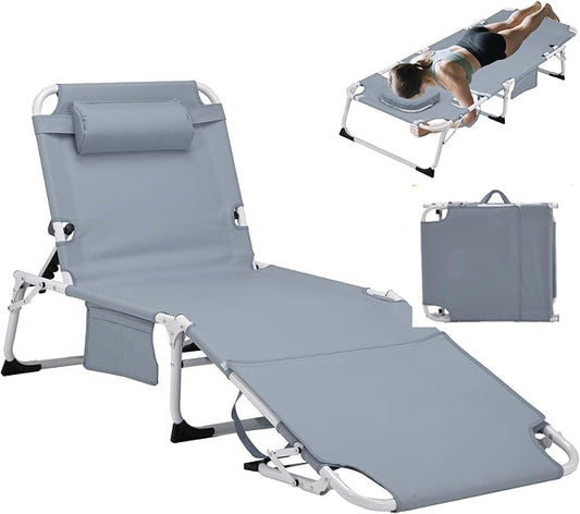 HRVEOCEI 3-in-1 Sun Tanning Chair with Face Hole,Adjustable 5-Position Folding Laying Out Chairs for Tanning,Outdoor Face Down Beach Lounger Sun Bathing Lounge Chair for Pool Deck Patio (Grey)