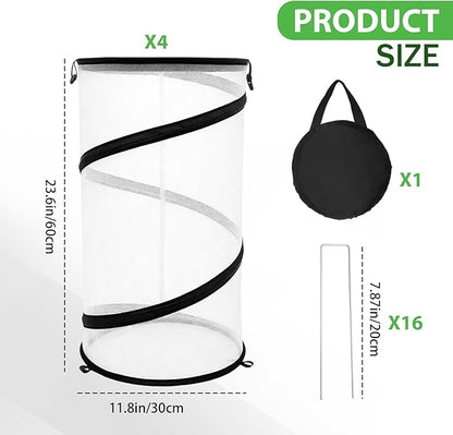 Hoypeyfiy 4 Pcs Pop Up Insect & Bird Barrier Plant Cover Net, 12"x24" Round Foldable Mesh Protector, Garden Cage Guard with Stakes & Carry Bag, Keep Animals & Birds Out for Vegetables and Flowers