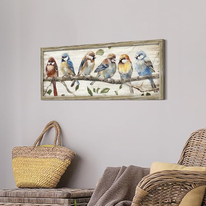 Colorful Bird Wooden Wall Art: Rustic Chickadee Framed Painting Vintage Cute Sparrow Picture Bluebird on Branch Prints Countryside Artwork Decor for Living Room Bedroom Farmhouse