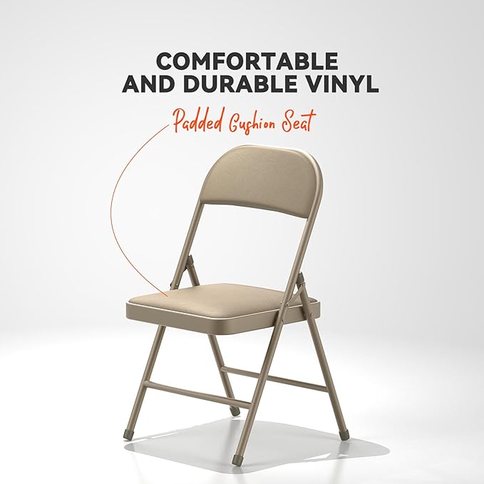 Nazhura 4 Pack Folding Chairs with Padded Vinyl Cushion Chairs with Comfortable Cushion and Durable Steel Frame for Home and Office, for Indoor and Outdoor Events (Kahki, Vinyl)
