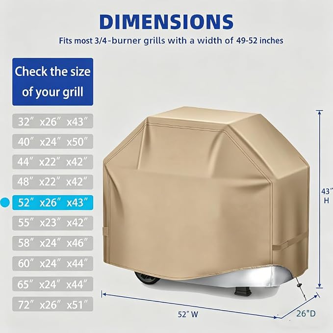 BBQ Gas Grill Cover for Outdoor, Anti-UV, Rip-Proof, 600D Oxford Fade Resistant Material, Barbecue Cover with Hook and Loop Straps & Adjustable Hem Drawstring (Beige, 52”x26”x43”)