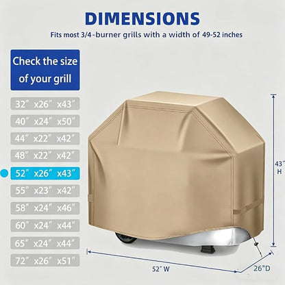 BBQ Gas Grill Cover for Outdoor, Anti-UV, Rip-Proof, 600D Oxford Fade Resistant Material, Barbecue Cover with Hook and Loop Straps & Adjustable Hem Drawstring (Beige, 52”x26”x43”)