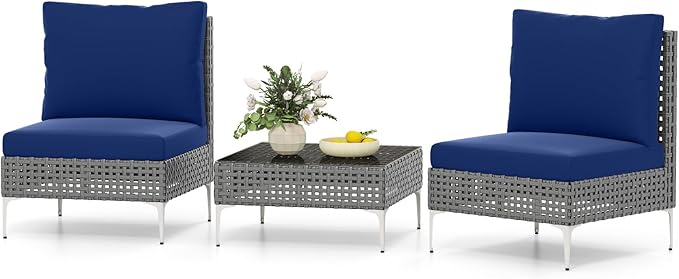 Tangkula 3 Pieces Patio Furniture Set, PE Rattan Conversation Chairs with Tempered Glass Coffee Table, Soft Back & Seat Cushions, Heavy Duty Metal Frame, Outdoor Bistro Set for Garden & Pool (Navy)
