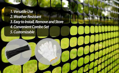 PotatoLife Plastic Mesh Fence Safety Fence, 2 Roll 4'x100' with 100 Zip Ties, Resuable Temporary Netting for Garden Fencing, Construction, Snow Fencing, Animal Barrier, Poultry, Deer, Patio, Black