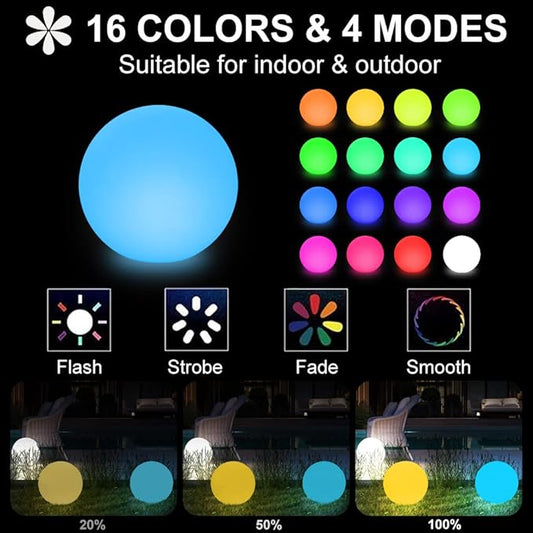 12-in LED Glowing Ball Light, Rechargeable LED Globe Orb Light w/Remote (1PC) and 16-in Cordless LED Globe Orb Night Light, 16 RGB Colors Changing Waterproof Light Up Ball w/Remote (1PC)