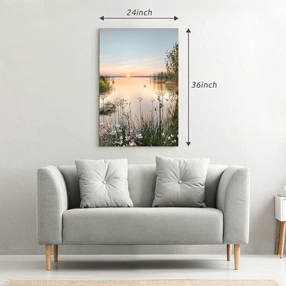 Lake Canvas Wall Art Picture: Sunset Landscape Painting Print Artwork Vertical Nature Scenery Decor for Living Room Bedroom