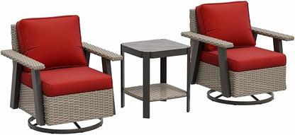 EAGLE PEAK Classic Wicker Patio Bistro Set of 3, Outdoor Patio Furniture with 360° Swivel Rocker Chair and Side Table, Lounge Set for Porch, Deck, or Balcony, Beige/Red