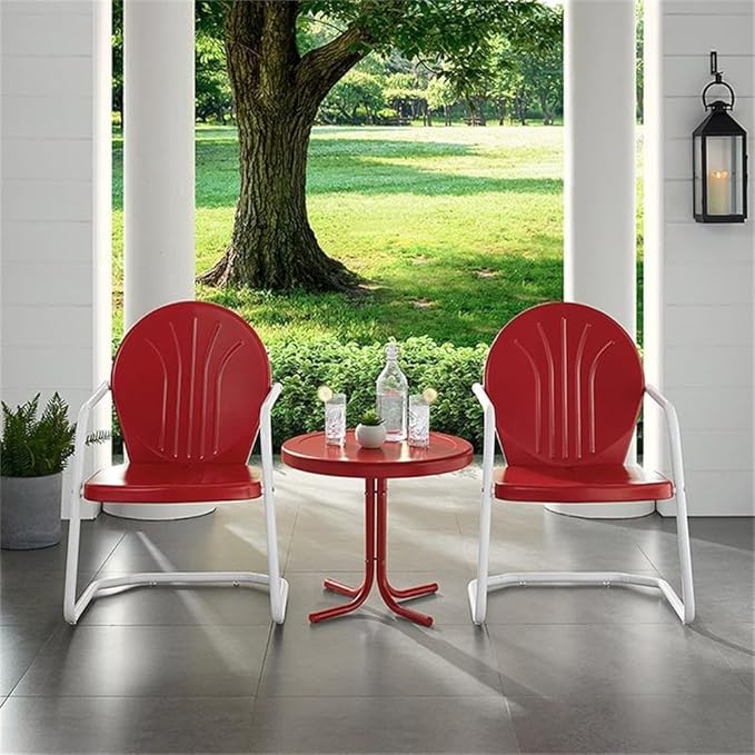 Crosley Furniture Griffith 3-Piece Outdoor Chair and Side Table Set, Retro Metal Bistro Patio Sets for Porch, Red