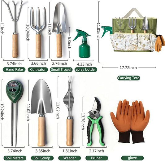 10-Piece Premium Gardening Tool Set—Includes A Moisture Meter, Heavy-Duty Rust-Resistant Stainless Steel Tools with A Storage Carry Bag. The Perfect Gardening Gift for Both Men and Women (Green)