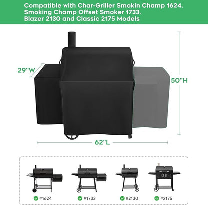 Heavy-Duty 600D Grill Cover fits for Char-Griller Smokin Champ 1624、Smoking Champ Offset Smoker 1733、Blazer 2130 and Classic 2175,Expansion Sleeves fit Around Side fire Box and Flue