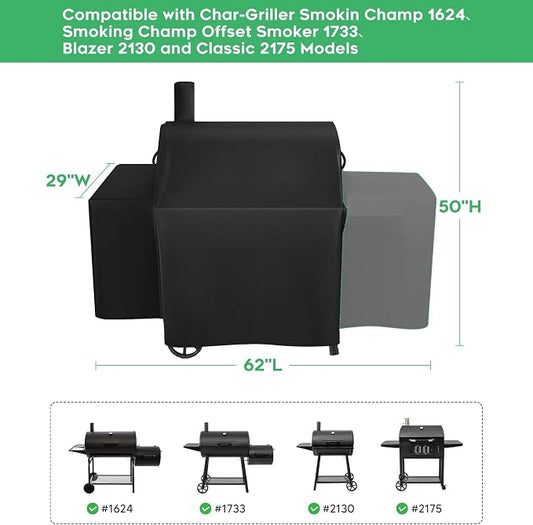 Heavy-Duty 600D Grill Cover fits for Char-Griller Smokin Champ 1624、Smoking Champ Offset Smoker 1733、Blazer 2130 and Classic 2175,Expansion Sleeves fit Around Side fire Box and Flue