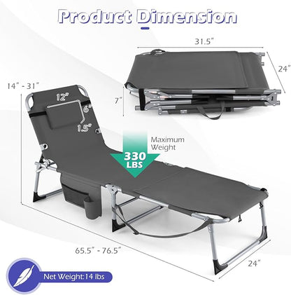 GYMAX Tanning Chair, 330LBS Beach Lounge Chair with Face Arm Hole & Hand Shoulder Strap, Folding Layout Sunbathing Chair, Face Down Outdoor Chaise Lounger for Patio, Poolside, Lawn, Backyard (2, Grey)