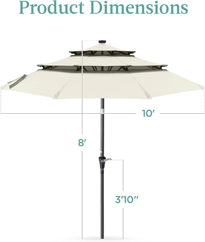 Best Choice Products 10ft 3-Tier Solar Patio Umbrella, Outdoor Market Sun Shade for Backyard, Deck, Poolside w/ 24 LED Lights, Tilt Adjustment, Easy Crank, 8 Ribs - Ivory