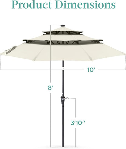 Best Choice Products 10ft 3-Tier Solar Patio Umbrella, Outdoor Market Sun Shade for Backyard, Deck, Poolside w/ 24 LED Lights, Tilt Adjustment, Easy Crank, 8 Ribs - Ivory