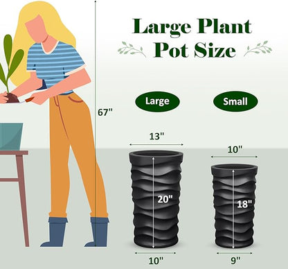 Tall Planter Outdoor Indoor, 2 Pack Extra Large Plant Pots 20" 18" H Tall Large Tree Planter-Modern Matte Wavy Flower Pot for Indoor Outdoor Proch Decor (Black)