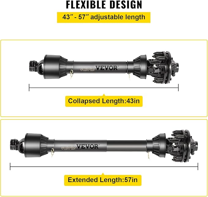 VEVOR PTO Shaft, 1-3/8" PTO Drive Shaft, 6 Spline Both Ends PTO Driveline Shaft, Series 5 Tractor PTO Shaft, 43"-57" Brush Hog PTO Shaft, Black PTO Shaft w/Slip Clutch for Bush Hog/Finish Mower