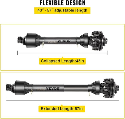 VEVOR PTO Shaft, 1-3/8" PTO Drive Shaft, 6 Spline Both Ends PTO Driveline Shaft, Series 5 Tractor PTO Shaft, 43"-57" Brush Hog PTO Shaft, Black PTO Shaft w/Slip Clutch for Bush Hog/Finish Mower