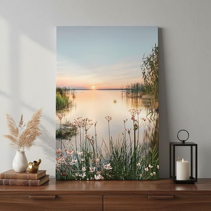 Lake Canvas Landscape Wall Art: Nature Picture Print Vertical Sunset Scene Painting Artwork for Bedroom Living Room Decor