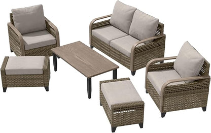 Modern Wicker Patio Furniture Set, Rattan Outdoor Conversation Set with Comfortable Cushions, 2 Patio Chairs, 2 Seat Loveseat, 2 Ottomans and Coffee Table, 6 Pieces, Brown/Gray