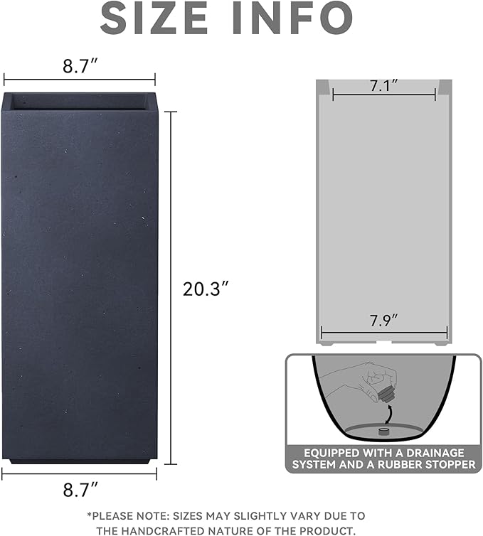 Kante 20.3" H Tall Rectangular Concrete Planter, Modern Square Diameter Plant Pot with Drainage Hole and Rubber Plug for Indoor Outdoor Home Patio Garden, Charcoal