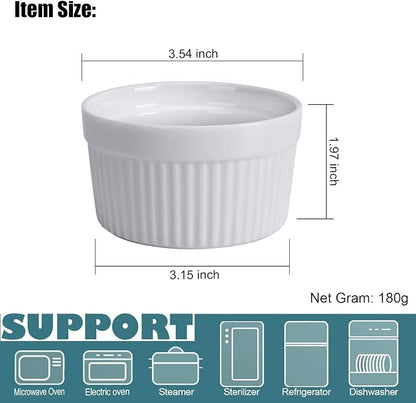 Ramekins 6 oz Set of 8, Creme Brulee Ramekins, Souffle Dishes, Oven Safe Porcelain Ramiken Bowls For Custard, Lava Cakes, Pudding, Flan, Mini Desserts, Dipping Sauce Cups