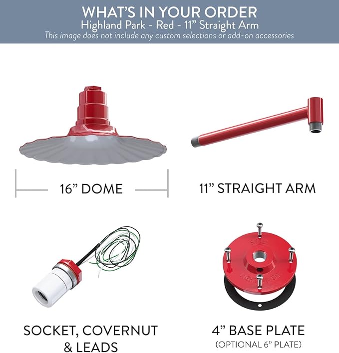 Steel Lighting Co. Highland Park Barn Light | Outdoor Wall Mounted | 16 inch Radial Wave | 11 inch Straight Arm | Vintage Style Made in America | Red Exterior/White Interior