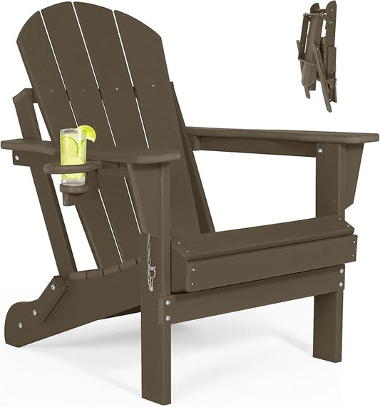Folding Adirondack Chairs - Plastic Adirondack Chairs with Cup Holder, Weather Resistant for Outdoor, Patio, Lawn, Garden, Backyard Deck, Fire Pit - Dark Brown