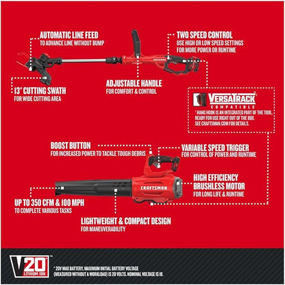 CRAFTSMAN V20 String Trimmer and Leaf Blower Combo Kit, Cordless (CMCK297M1)