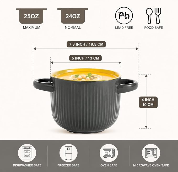 Ceramic Soup Bowl with Handles and Lid, 24 oz French Onion Soup Crock, Oven Safe Bowl for Soup, Chili, Ramen, Pasta and Cereal, Microwave Dishwasher Safe - Gray&Yellow