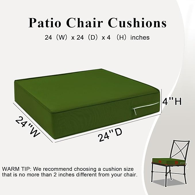 Outdoor Chair Cushions 24x24x4 Inch, Waterproof Green Patio Furniture Cushions Set of 2 with Ties & Handle, 3 Year Color Fastness Square Replacement Seat Cushions for Sofa, Couch