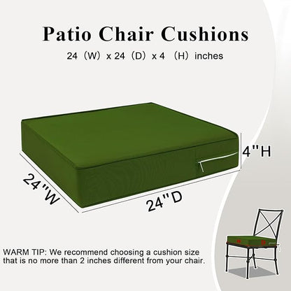 Outdoor Chair Cushions 24x24x4 Inch, Waterproof Green Patio Furniture Cushions Set of 2 with Ties & Handle, 3 Year Color Fastness Square Replacement Seat Cushions for Sofa, Couch